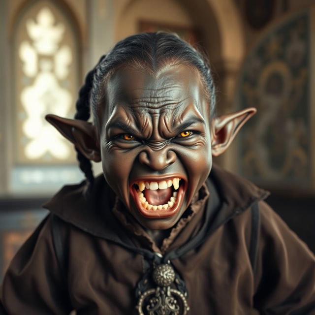 In a medieval room, a short and malnourished black female dwarf, around 30 years old, has deep black skin