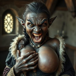 In a medieval room, a very short and malnourished black female dwarf, around 30 years old, with deep black skin, is dressed in an elaborate noble medieval outfit