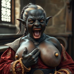 In a medieval room, a very short and malnourished black female dwarf, around 30 years old, with deep black skin, is dressed in an elaborate noble medieval outfit