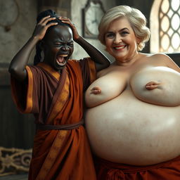 In a medieval room, a distressed and irate black African dwarf woman, of very short stature and malnourished at 28 years old, has deep black skin