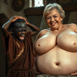 In a medieval room, a distressed and irate black African dwarf woman, of very short stature and malnourished at 28 years old, has deep black skin