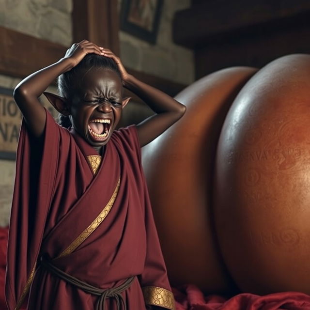 In a medieval room, a distressed and irate black African dwarf woman, of very short stature and malnourished at 28 years old, has deep black skin