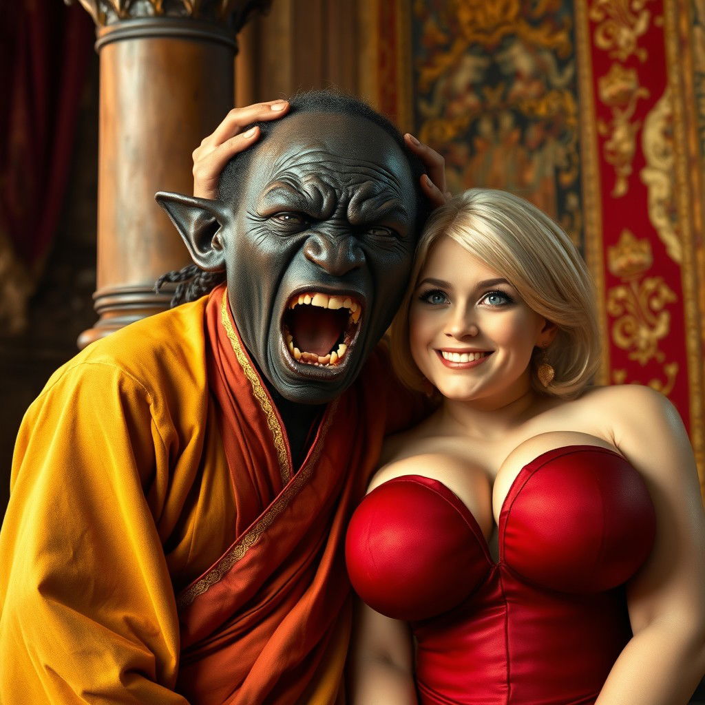 In a medieval room next to a pillar, a very short and undernourished 28-year-old African black female dwarf is depicted