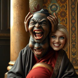 In a medieval room next to a pillar, a very short and undernourished 28-year-old African black female dwarf is depicted