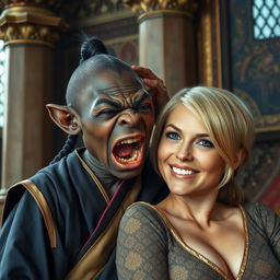 In a medieval room next to a pillar, a very short and undernourished 28-year-old African black female dwarf is depicted