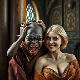 In a medieval room next to a pillar, a very short and undernourished 28-year-old African black female dwarf is depicted