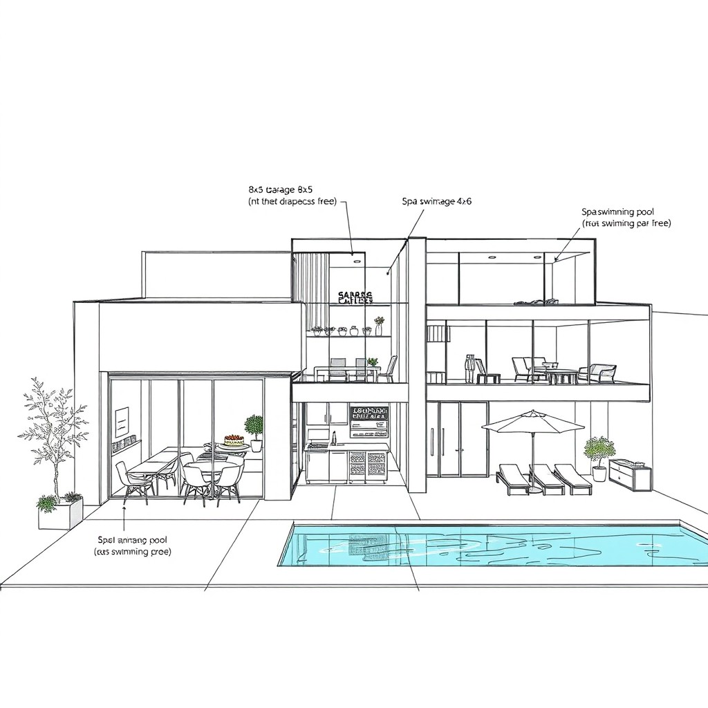 A detailed architectural sketch of a 12x15 layout that includes a garage, a café, a spa, and a swimming pool