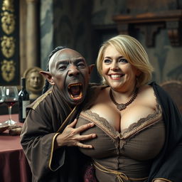 In a medieval room next to a table with wine, a very short and undernourished 33-year-old African black female dwarf is portrayed