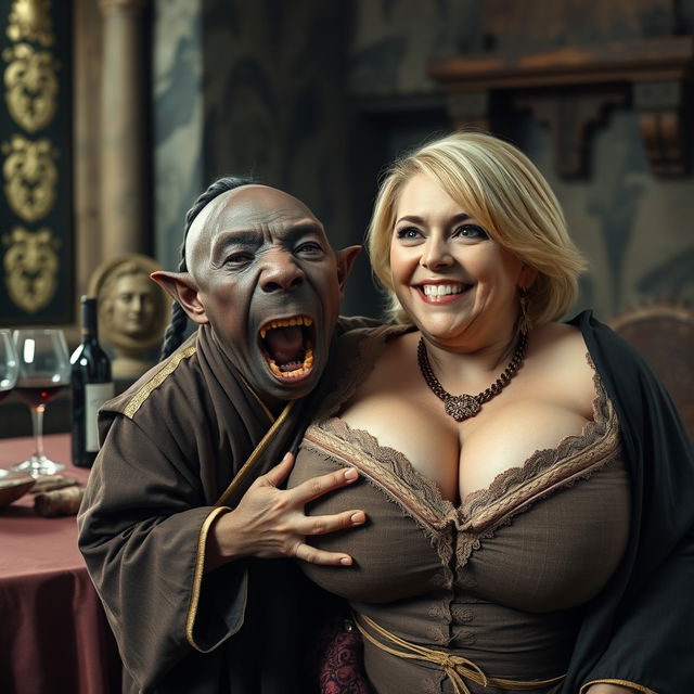 In a medieval room next to a table with wine, a very short and undernourished 33-year-old African black female dwarf is portrayed