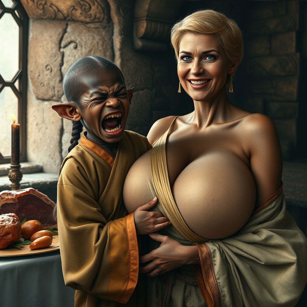 In a medieval room next to a table with meat, a very short and undernourished 33-year-old African black female dwarf is depicted