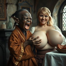 In a medieval room next to a table with meat, a very short and undernourished 33-year-old African black female dwarf is depicted