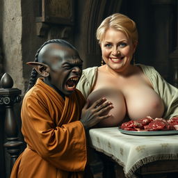 In a medieval room next to a table with meat, a very short and undernourished 33-year-old African black female dwarf is depicted