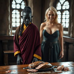 In a medieval room with a wooden table laid with meat, a black African dwarf woman, aged 33, stands with a very low height and noticeable signs of malnutrition