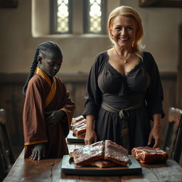In a medieval room with a wooden table laid with meat, a black African dwarf woman, aged 33, stands with a very low height and noticeable signs of malnutrition