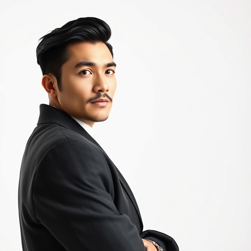 A handsome Kyrgyz man exuding confidence, looking away from the camera