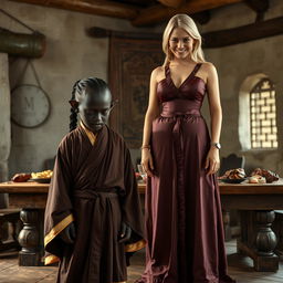 In a medieval room featuring a wooden table adorned with meat, a black African dwarf woman, aged 33 and quite malnourished, stands with a very low stature