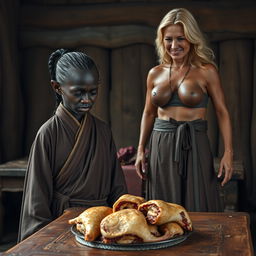 In a medieval room featuring a wooden table adorned with meat, a black African dwarf woman, aged 33 and quite malnourished, stands with a very low stature