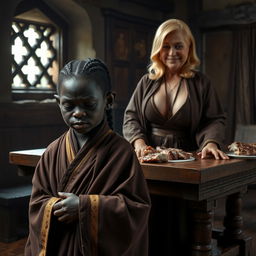 In a medieval room featuring a wooden table adorned with meat, a black African dwarf woman, aged 33 and quite malnourished, stands with a very low stature