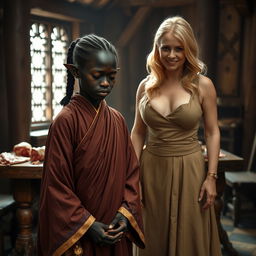 In a medieval room featuring a wooden table adorned with meat, a black African dwarf woman, aged 33 and quite malnourished, stands with a very low stature