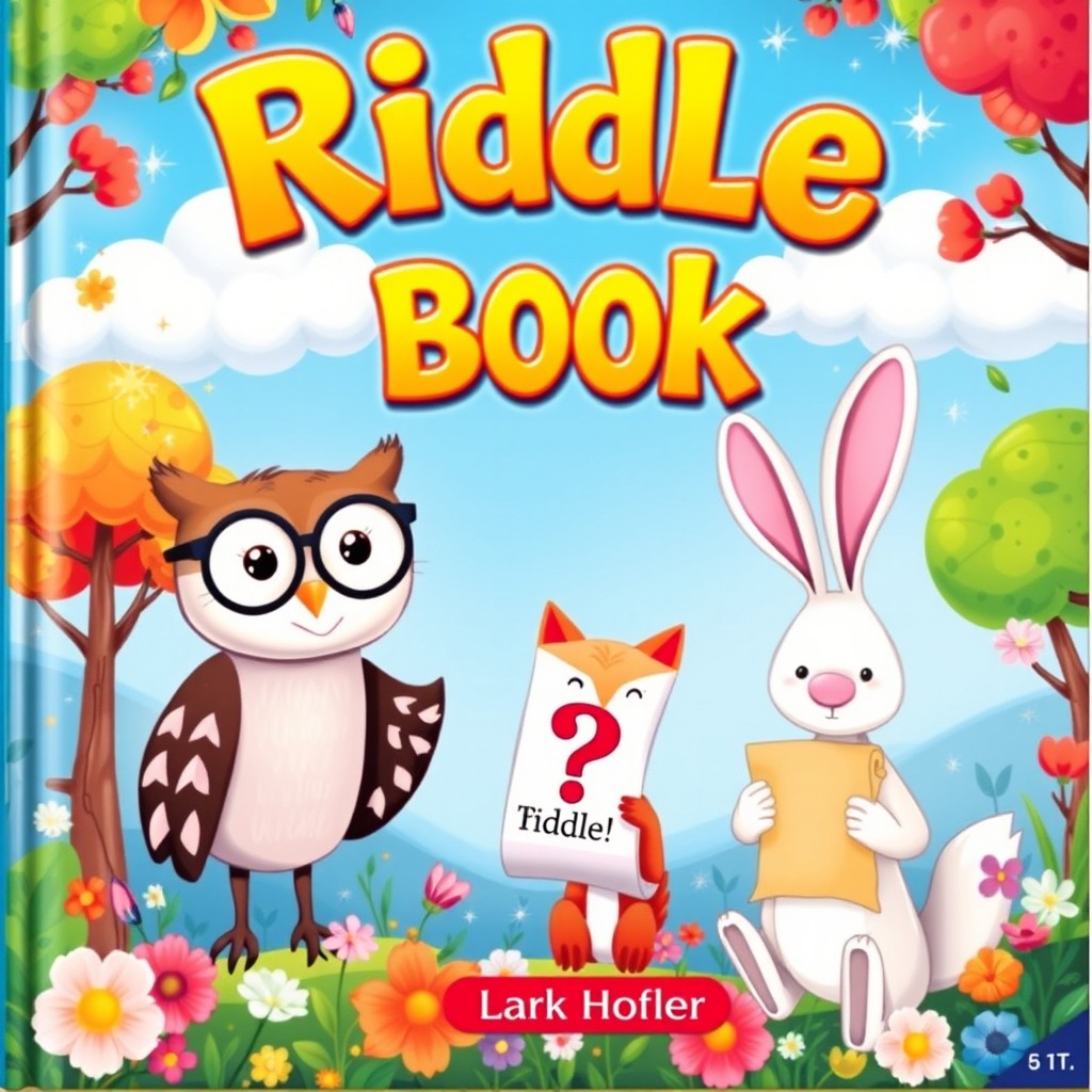 A vibrant and enchanting cover for a children's riddle book, featuring playful illustrations of whimsical characters such as a friendly owl wearing glasses, a curious fox with a large question mark, and a clever rabbit holding a riddle scroll