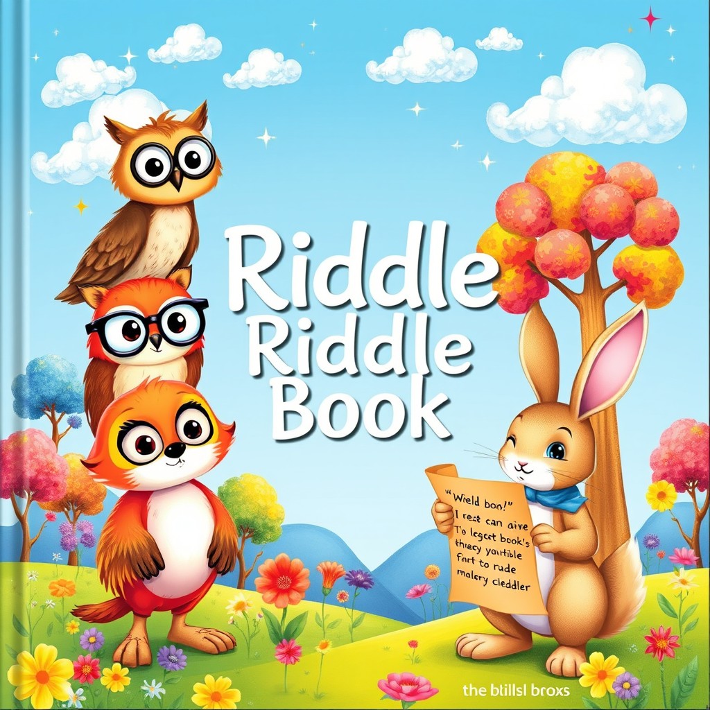 A captivating cover for a children's riddle book, featuring delightful illustrations of charming characters such as a wise owl wearing spectacles, a playful fox with an inquisitive expression, and a clever rabbit holding a riddle scroll