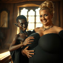 In a sunlit medieval bordello room, an intriguing and dynamic scene captures attention