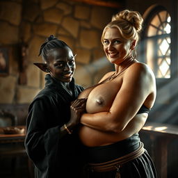 In a sunlit medieval bordello room, an intriguing and dynamic scene captures attention