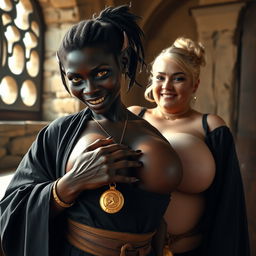 In a sunlit medieval bordello room, an intriguing and dynamic scene captures attention