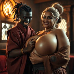 In a brightly lit medieval bordello room, a captivating scene unfolds