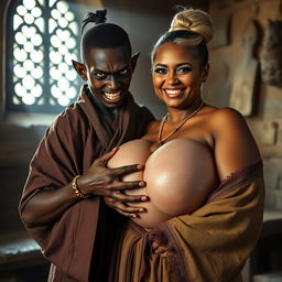 In a brightly lit medieval bordello room, a captivating scene unfolds