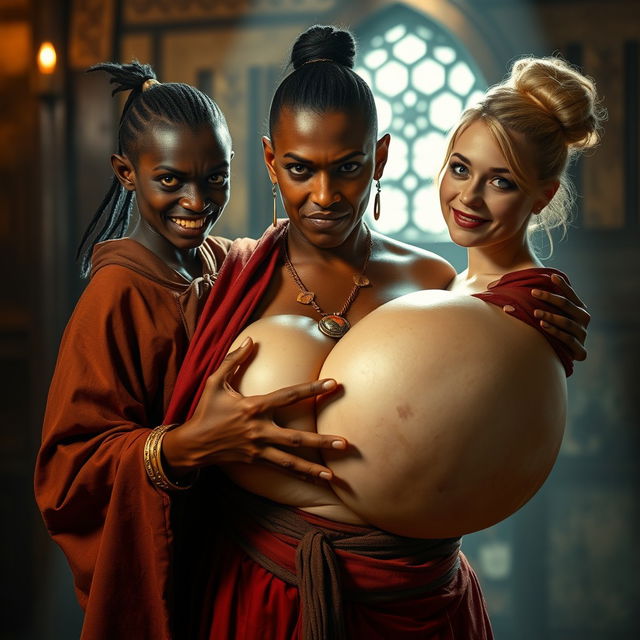 In a brightly lit medieval bordello room, a captivating scene unfolds