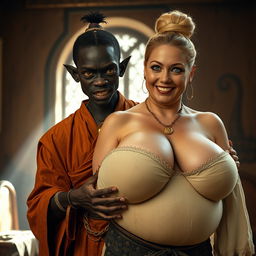 In a brightly lit medieval bordello room, an intriguing and dynamic scene takes place