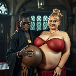 In a brightly lit medieval bordello room, an intriguing and dynamic scene takes place