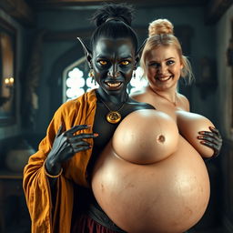 In a brightly lit medieval bordello room, an intriguing and dynamic scene takes place