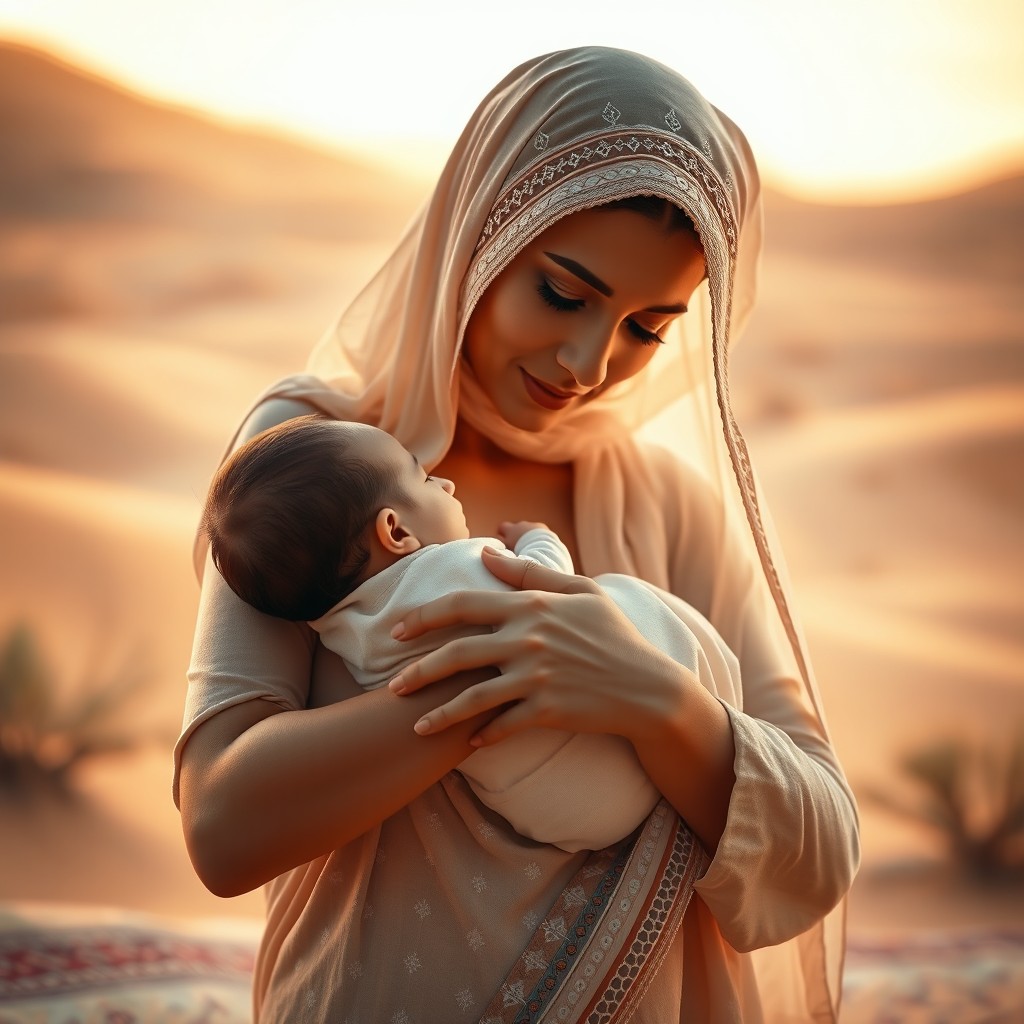 A noble Arab woman in soft light, gently cradling a newborn baby in her arms