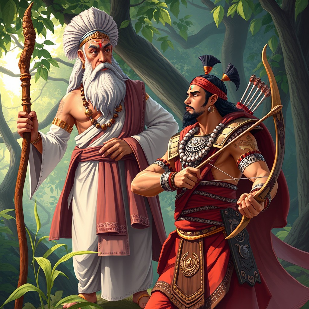 A dynamic and dramatic illustration of Dronacharya, the legendary guru from the Mahabharata, standing proudly as he instructs his most famous student, Arjuna