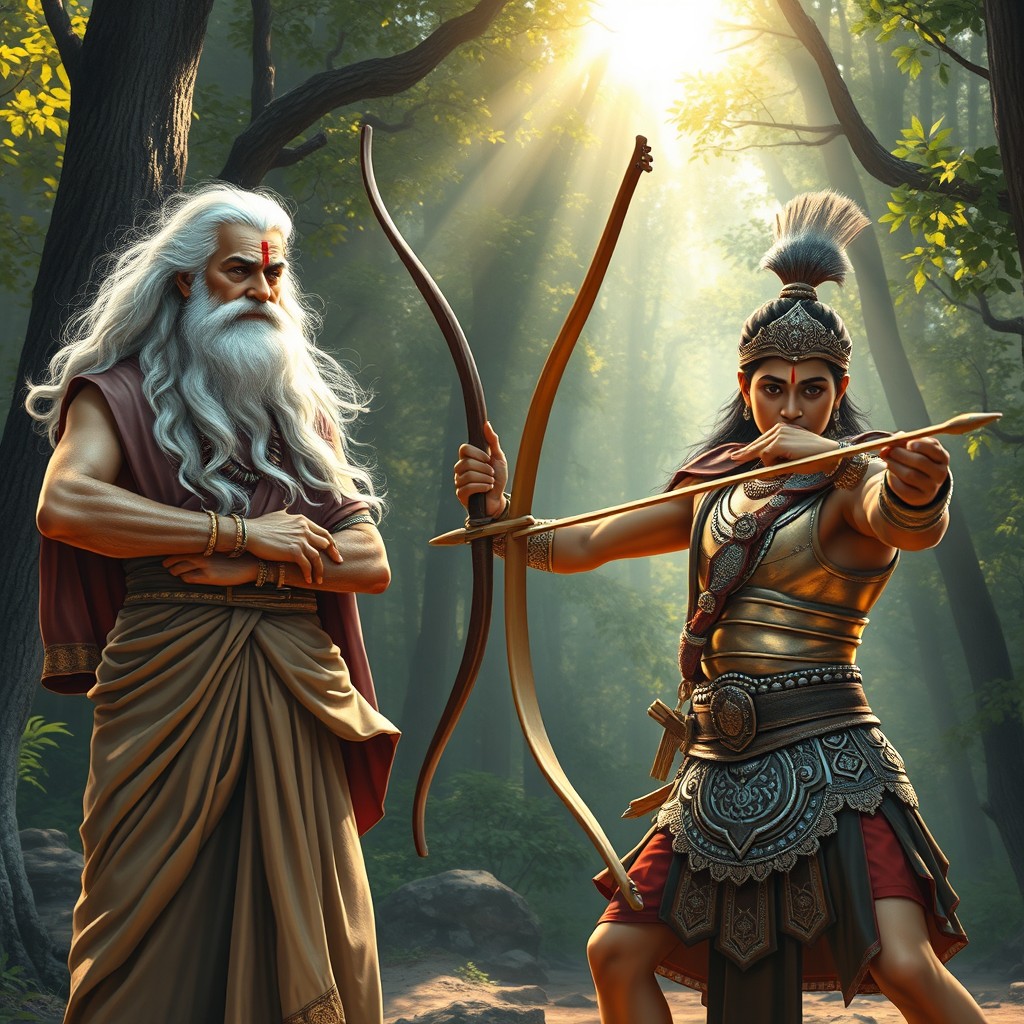A dynamic scene depicting Dronacharya, the legendary archery teacher from the Mahabharata, instructing Arjun, his most skilled disciple