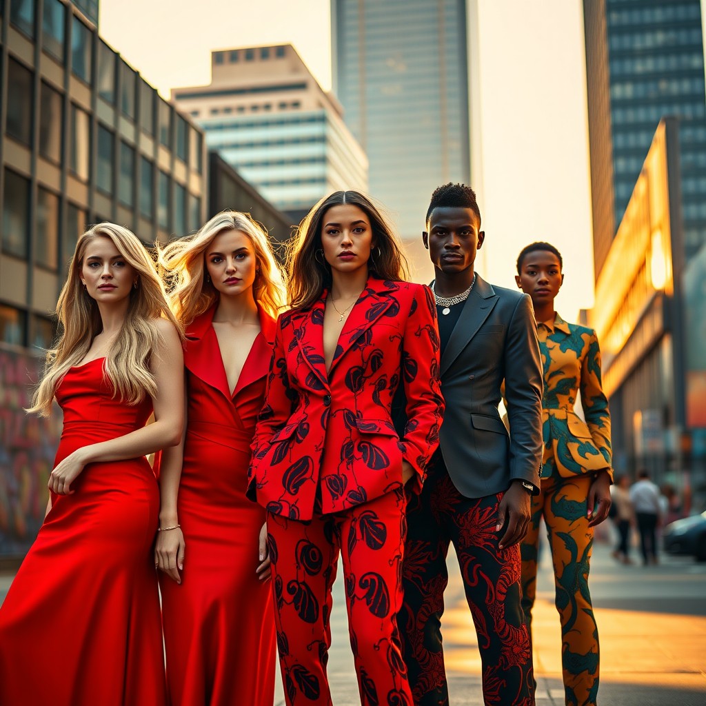 A group of fashionable models standing confidently on a city street, showcasing elegant and diverse clothing styles