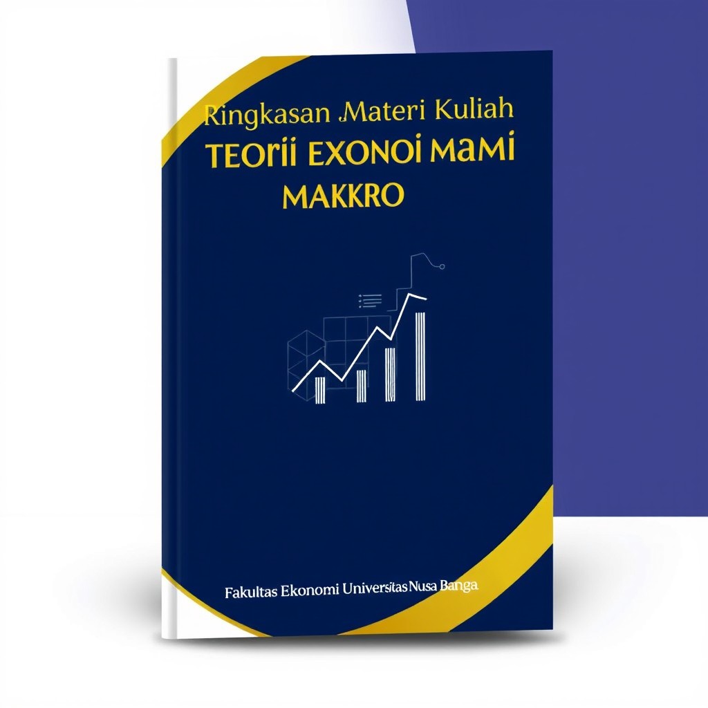 A book cover design for a summary of macroeconomic theory course materials published by the Faculty of Economics, Universitas Nusa Bangsa, 2024