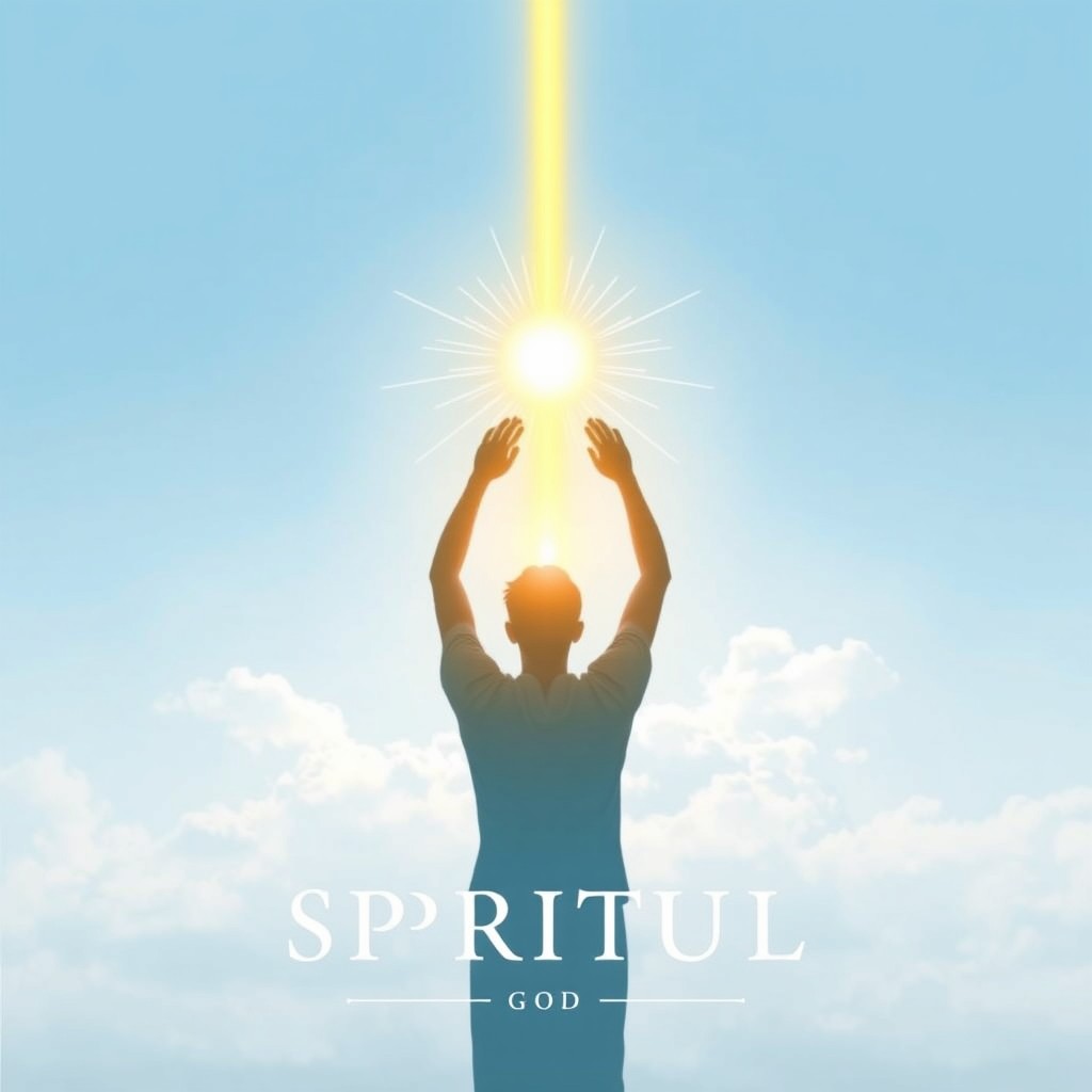 A minimalist and contemplative spiritual book cover featuring a human silhouette in prayer or with raised arms, merging with a golden light descending from the sky