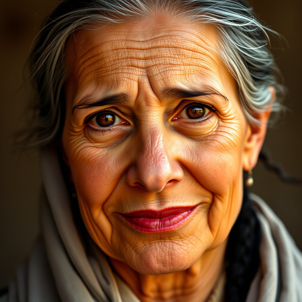 A middle-aged woman, approximately 50 years old, with authentic Arab features and an oval face