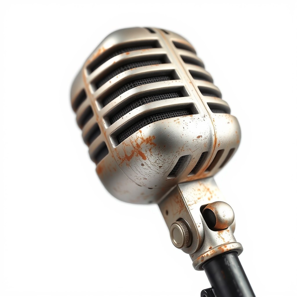 A close-up of an old microphone, showcasing intricate details and textures in a hyper-realistic style