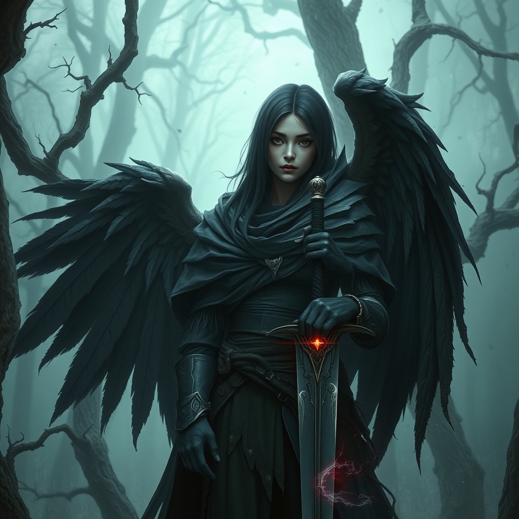 A fallen Aasimar paladin, draped in dark, tattered armor, stands solemnly in a misty forest