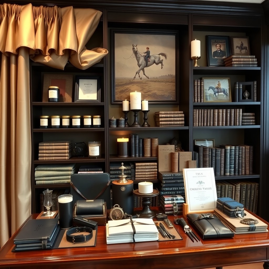 A beautifully arranged masculine display wall in an upscale old-money style store showcasing elegant taffeta fabrics and attractive, sophisticated candles