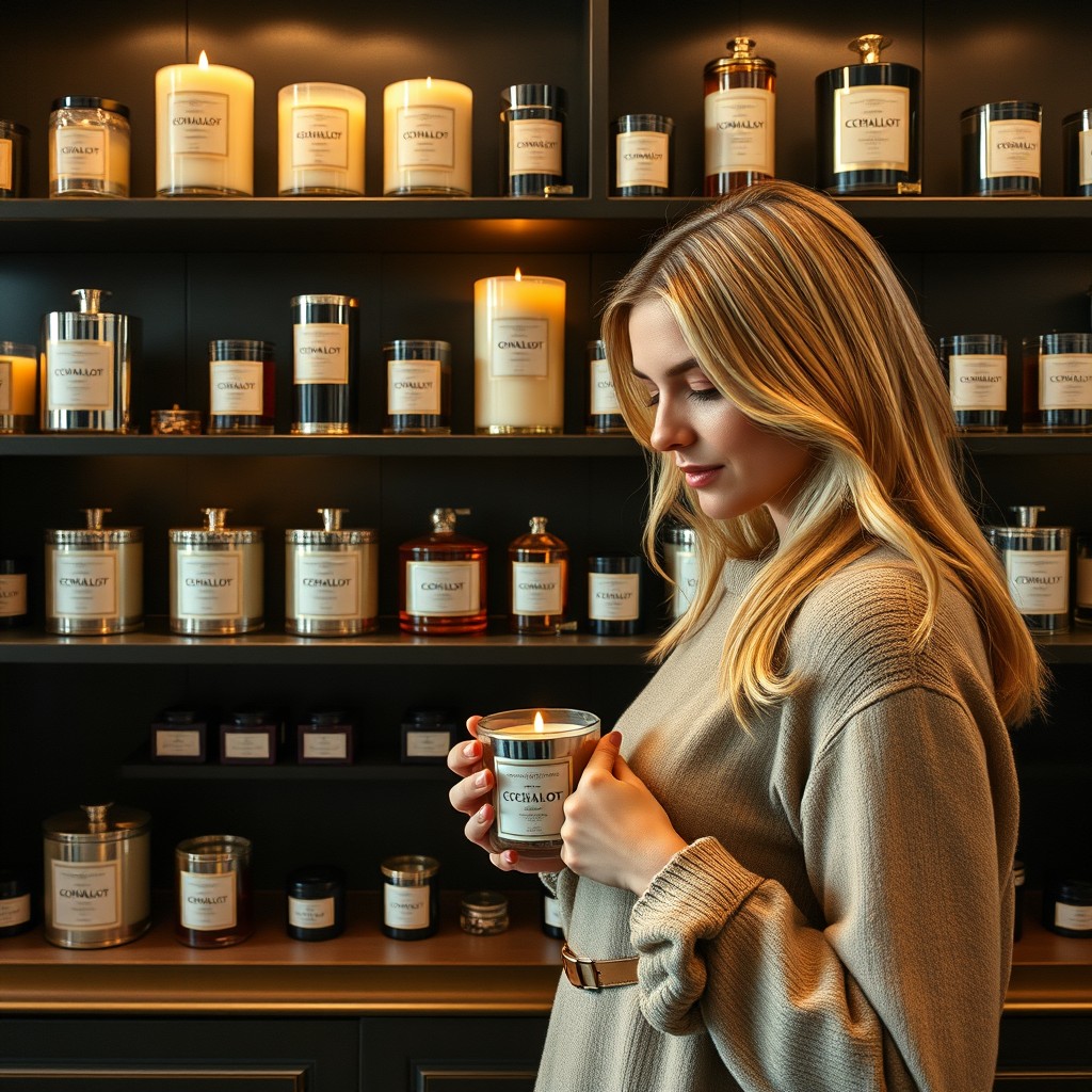 A realistic photograph of a masculine old-money style store featuring a display wall with various elegant candles reminiscent of classic English design