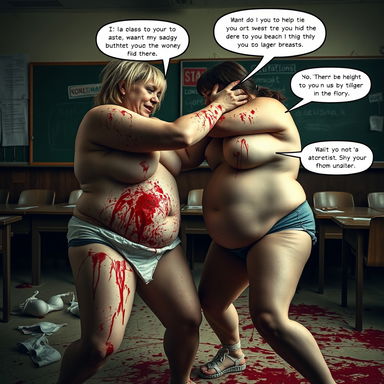 An intense and chaotic scene depicting two heavyweight women, both around 90kg and 47 years old, engaged in a fierce physical fight in a classroom