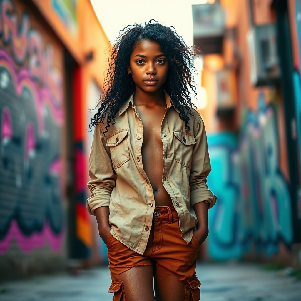 A beautiful dark-skinned girl with hazel eyes and curly hair, wearing an open-button shirt and short pants that fall above the thigh