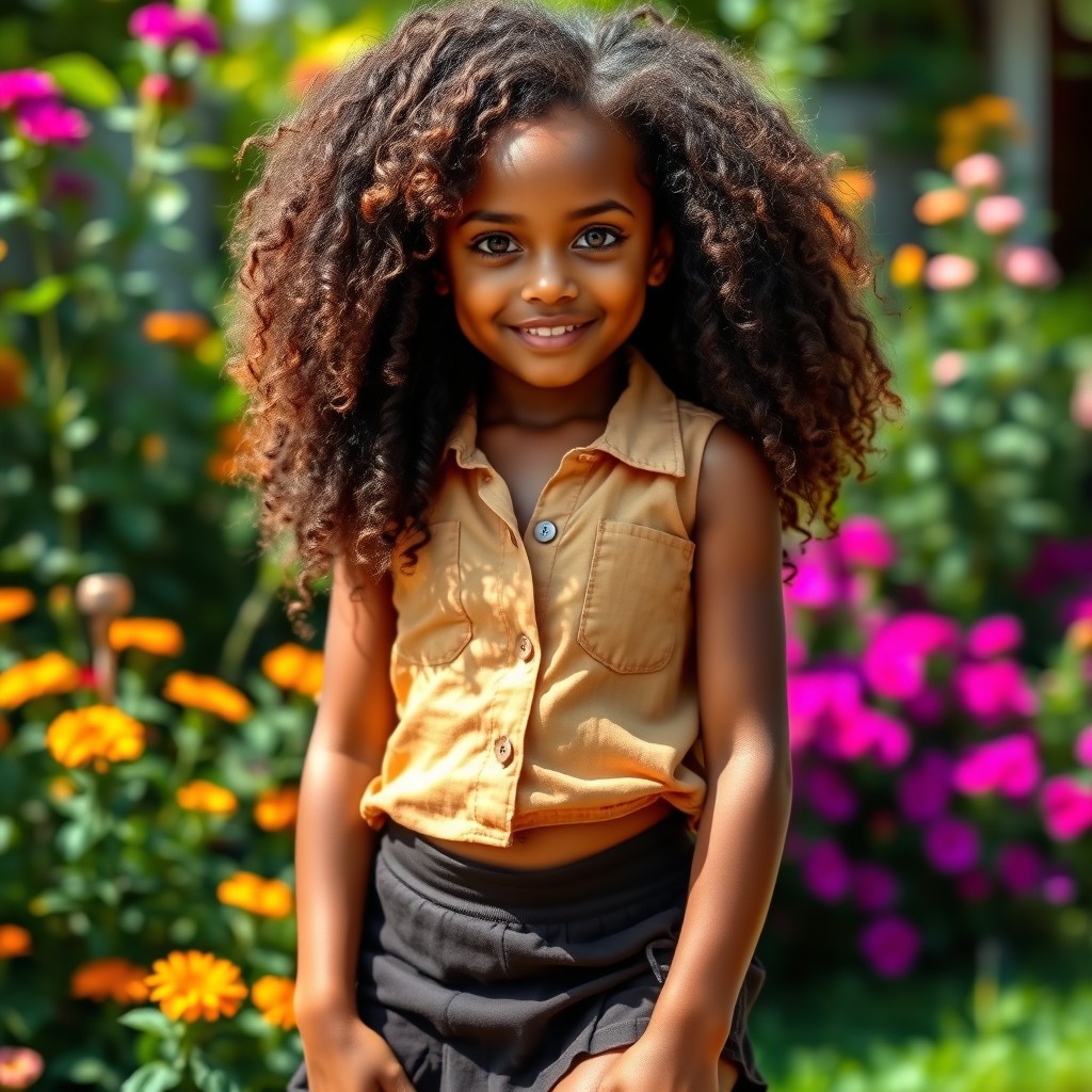 A beautiful dark-skinned girl with hazel eyes and long curly hair, wearing a sleeveless open-button shirt and a short skirt that reaches above her thigh