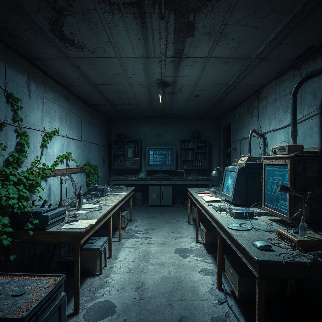 An eerie, abandoned underground laboratory filled with dusty equipment and broken glass