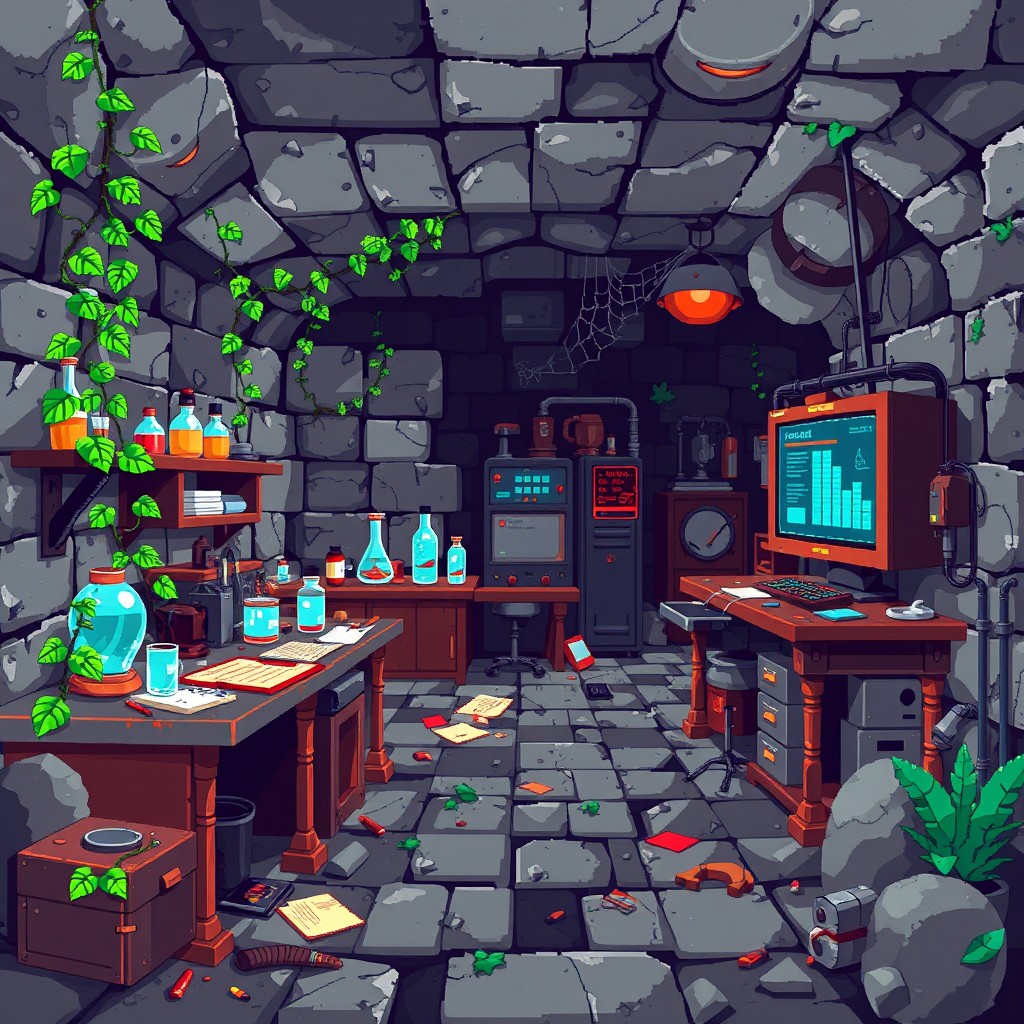 A pixel art depiction of an abandoned underground laboratory